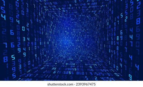 Big Data 3D Matrix Numbers. Quantum Computer CPU Core Code Concept Background. 3D Blockchain Cube Blocks Concept. Data Sorting. Artificial Intelligence HUD Design Element. Vector Illustration.