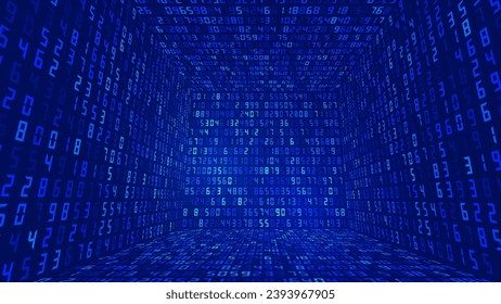 Big Data 3D Matrix Numbers. Quantum Computer CPU Core Code Concept Background. 3D Blockchain Cube Blocks Concept. Data Sorting. Artificial Intelligence HUD Design Element. Vector Illustration.