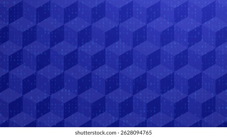 Big Data abstracte achtergrond met 3D kubus en willekeurige cijfers in blauwe tinten. Blue Futuristic Tech en AI Concept. Geometrisch netwerkpatroon. Vectorstructuur met binaire code en kubussen.