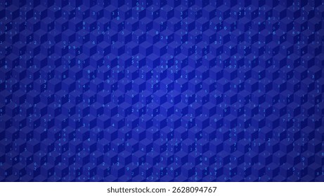 Big Data abstracte achtergrond met 3D kubus en willekeurige cijfers in blauwe tinten. Blue Futuristic Tech en AI Concept. Geometrisch netwerkpatroon. Vectorstructuur met binaire code en kubussen.
