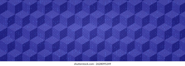 Big Data Abstract Background With 3D Cube And Random Digits in Blue Tones. Blue Futuristic Tech and AI Concept. Network Geometric Pattern. Vector Texture With Binary Code And Cubes.