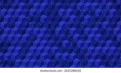 Big Data abstracte achtergrond met 3D kubus en willekeurige cijfers in blauwe tinten. Blue Futuristic Tech en AI Concept. Geometrisch netwerkpatroon. Vectorstructuur met binaire code en kubussen.