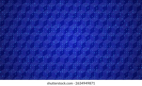 Big Data Abstract Background With 3D Cube And Random Digits in Blue Tones. Blue Futuristic Tech and AI Concept. Network Geometric Pattern. Vector Texture With Binary Code And Cubes.