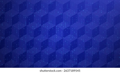 Big Data Abstract Background With 3D Cube And Random Digits in Blue Tones. Blue Futuristic Tech and AI Concept. Network Geometric Pattern. Vector Texture With Binary Code And Cubes.