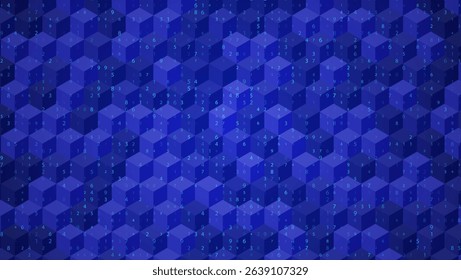 Big Data Abstract Background With 3D Cube And Random Digits in Blue Tones. Blue Futuristic Tech and AI Concept. Network Geometric Pattern. Vector Texture With Binary Code And Cubes.