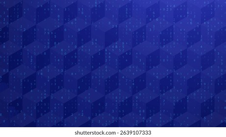 Big Data Abstract Background With 3D Cube And Random Digits in Blue Tones. Blue Futuristic Tech and AI Concept. Network Geometric Pattern. Vector Texture With Binary Code And Cubes.