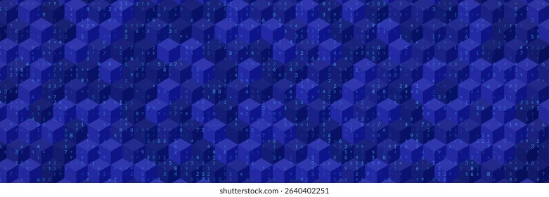 Big Data Abstract Background With 3D Cube And Random Digits in Blue Tones. Blue Futuristic Tech and AI Concept. Network Geometric Pattern. Vector Texture With Binary Code And Cubes.