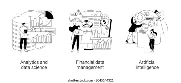 Big data abstract concept vector illustration set. Analytics and data science, financial data management, artificial intelligence, risk management, machine learning, dashboard abstract metaphor.