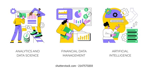 Big data abstract concept vector illustration set. Analytics and data science, financial data management, artificial intelligence, risk management, machine learning, dashboard abstract metaphor.