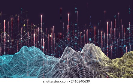 Big Data. Resumen de la ilustración digital futurista del wireframe vectorial sobre el fondo de la tecnología. Concepto de minería y gestión de datos. Arte dibujado a mano.