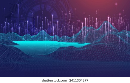 Big Data. Resumen de la ilustración digital futurista del wireframe vectorial sobre el fondo de la tecnología. Concepto de minería y gestión de datos. Arte dibujado a mano.