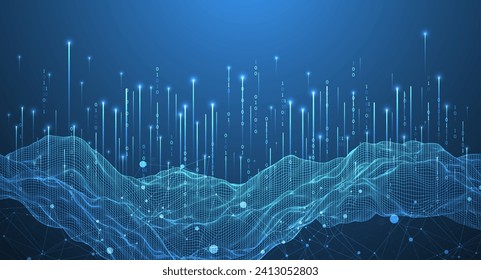 Big Data. Resumen de la ilustración digital futurista del wireframe vectorial sobre el fondo de la tecnología. Concepto de minería y gestión de datos. Arte dibujado a mano.