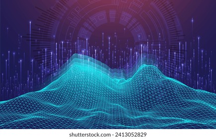 Big Data. Abstract digital futuristic wireframe vector illustration on technology background. Data mining and management concept. Hand drawn art.