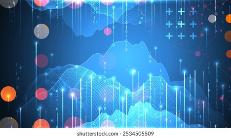 Big Data. Abstractas Ilustración vectorial digital futurista de estructura de alambre sobre fondo de tecnología. Concepto de minería y gestión de datos. Arte dibujado a mano.