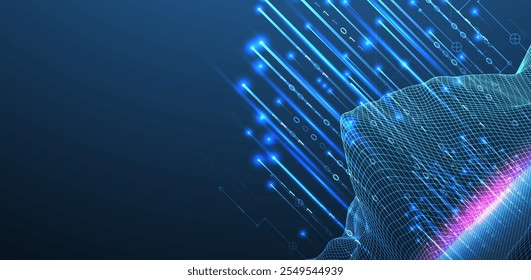 Big Data. Abstractas Ilustración vectorial digital futurista de estructura de alambre sobre fondo de tecnología. Concepto de minería y gestión de datos. Arte dibujado a mano.