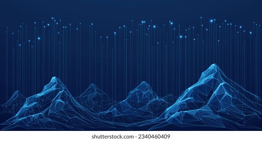 Big Data. Abstract digital mountains range landscape with glowing light dots. Futuristic low poly wireframe vector illustration on technology blue background. Data mining and management concept.