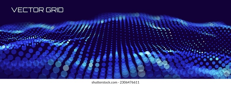 Big Data Abstract Particle Dots Surface Background. Technology or Science Concept Banner. Cyber Space Digital Data Background. Vector Illustration with DOF(Depth of Field Blur) Effect.