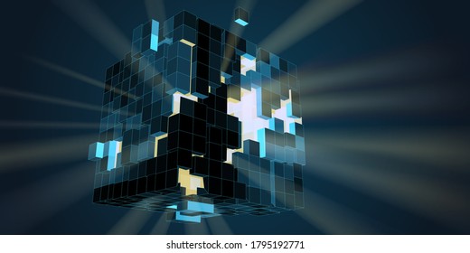 Big data.  Abstract visualization analyze algorithm big group cubes data. Quantum virtual cryptography. Virtual reality concept with wireframe boxes and glow light effect. Banner for business, science