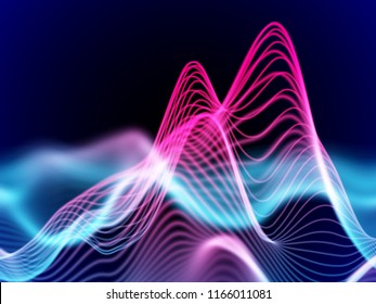 Visualización abstracta de grandes datos: análisis de organigramas. Olas de sonido 3D. Superficie digital con curvas de flujo. Fondo de tecnología futurista. Olas de sonido coloridas, ilustración vectorial EPS 10.