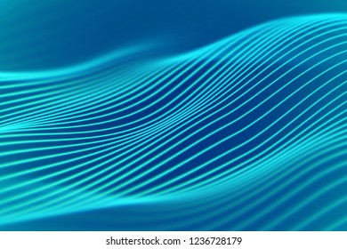 Big data abstract visualization: business charts analytics. 3D Sound waves. Digital surface with flowing curves. Futuristic technology background. Blue sound waves, EPS 10 vector illustration.