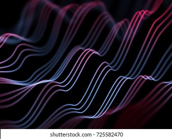 Big data abstract visualization: digital information analysis.Digital landscape with flowing colored glowing sound waves. Futuristic technology background. 3D sound waves, EPS 10 vector illustration.