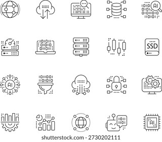 Big Data y conjunto de iconos de línea de IA avanzada: computación en la nube, alojamiento de servidores y símbolos de red de base de datos