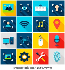 Big Data AI Colorful Icons. Vector Illustration. Set of Flat Rectangle Computer Items with Long Shadow.