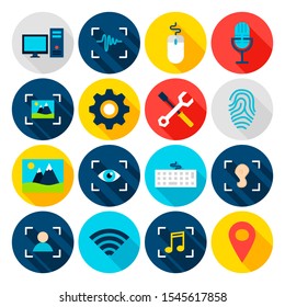 Big Data AI Flat Icons. Vector Illustration. Set of Circle Computer Items with Long Shadow.