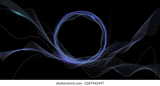 Big data, AI, network connection structure, data and energy transmission on the black abstract background of cyberspace. Cyclic wave background of particle technology. Vector image
