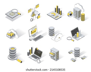 Big Data Analysis 3d Isometric Icons Set. Pack Elements Of Cloud Computing And Storage Information, Hardware, Software, Research Statistics, Upload Files. Vector Illustration In Modern Isometry Design
