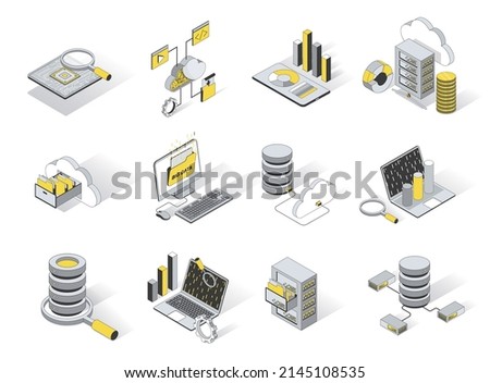 Big data analysis 3d isometric icons set. Pack elements of cloud computing and storage information, hardware, software, research statistics, upload files. Vector illustration in modern isometry design