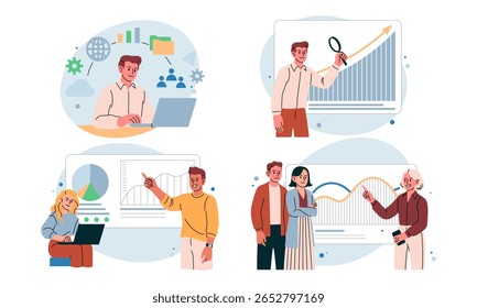 Análisis de Big Data. Gráfico de gente de negocios. Plataforma digital. Recopilación de análisis. Visualización de infografía de proyecto. investigación Corporativa. Empresario presentando informe en pizarra. Conjunto de conceptos de Vector