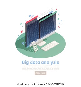 Big data analysis business research automated reporting isometric composition with huge computer monitors ladder symbols vector illustration  
