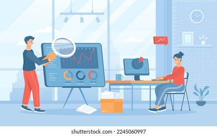 Análisis de grandes datos, investigación de estadísticas de negocios. Los analistas analizan gráficos, bases de datos. Ilustración vectorial de caricatura plana con personajes para banner, diseño de sitios web o página web de aterrizaje