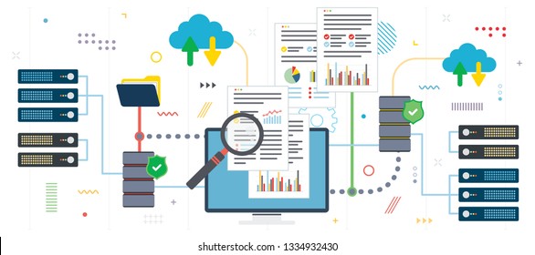 Big data analysis and cloud computing. Laptop accessing data from cloud computers. Data network and business intelligence. Flat design for web banner in vector illustration.