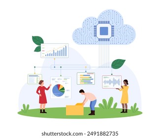 Análisis de grandes datos con servicio inteligente en la nube. Gente pequeña analiza informe gráfico, gráfico circular en red, acceso a infraestructura digital integrada para analizar información Ilustración vectorial de dibujos animados