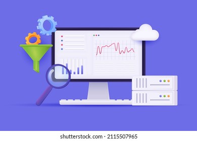 Big Data Analysis Concept 3D Illustration. Icon Composition With Graphs And Dashboards On Computer Screen, Magnifier, Cloud Computing, Settings And Funnel. Vector Illustration For Modern Web Design