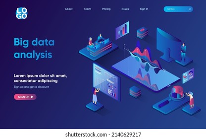 Big data analysis concept 3d isometric web landing page. People making financial reports and market research, studying statistics on charts and graphs. Vector illustration for web template design