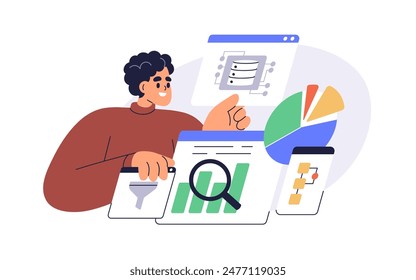 Big data analysis concept. Analyst working with database, analytics, analyzing statistics, graphs and charts for report. Business review. Flat vector illustration isolated on white background