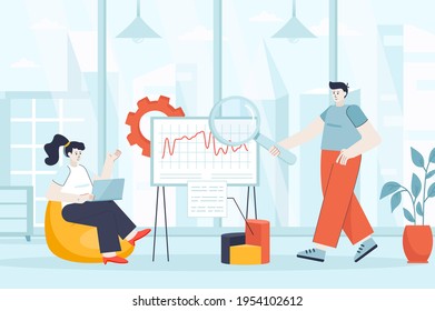 Concepto de análisis de grandes datos en diseño plano. Los analistas de negocios trabajan en la oficina. Trabajo en equipo sobre proyectos, análisis de estadísticas y gráficos. Ilustración vectorial de caracteres de personas para la página de inicio