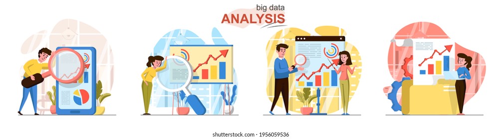 Big Data analysis concept scenes set. Analysts collect statistics, analyze charts, database, business development. Collection of people activities. Vector illustration of characters in flat design