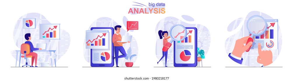 Big data analysis concept scenes set. Analyst works with statistics, analyzes business data charts, company growth. Collection of people activities. Vector illustration of characters in flat design