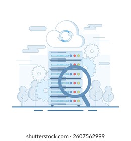 Big Data Analysis Concept. Data Server with Magnifying Glass. Big data analysis with virtual database, digital information research, processing and analysis with software, data center.