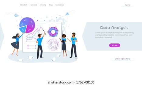 Big data analysis graphs charts. Online statistics and data analytics concept. Analysis of financial data. Business woman making presentation during meeting with colleagues. Workshop training.