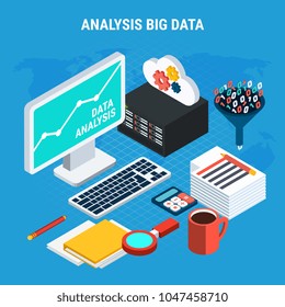 Big data analysis isometric design concept with computer with cloud settings server and accessories of user workplace vector illustration 