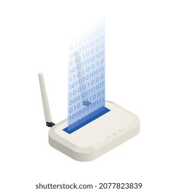 Análisis de datos de gran tamaño composición de iconos isométricos con imagen de router inalámbrico y cinta holográfica con ilustración vectorial de código binario