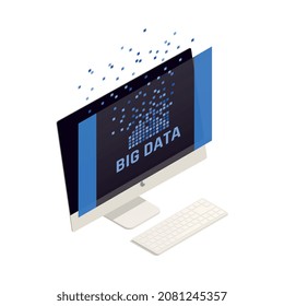 Análisis de grandes datos composición de iconos isométricos con imagen de computadora de escritorio con segmentos de datos grandes ilustración vectorial