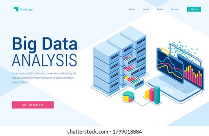Big data analysis isometric landing page. Information research system, laptop with graphics charts on screen, server room with drawers and files, business analytics, 3d vector illustration, web banner