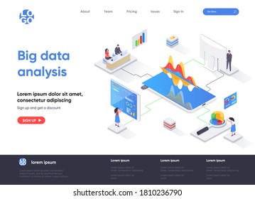 Big data analysis isometric landing page. Analytics and business intelligence isometry concept. Online analysis tools, software development company web page. Vector illustration with people characters