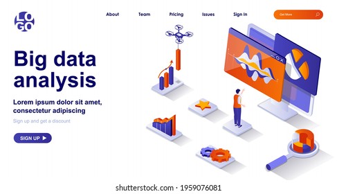 Big data analysis isometric landing page. Analyst analyzes statistics isometry concept. Business development and optimization 3d web banner. Vector illustration with people characters in flat design